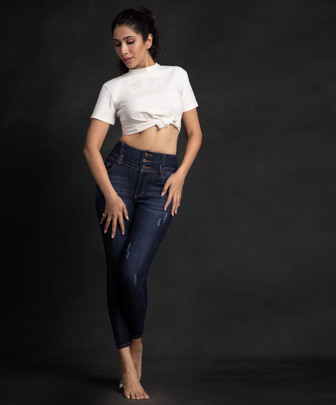 High Waist Light Shredded Dark Blue Jean